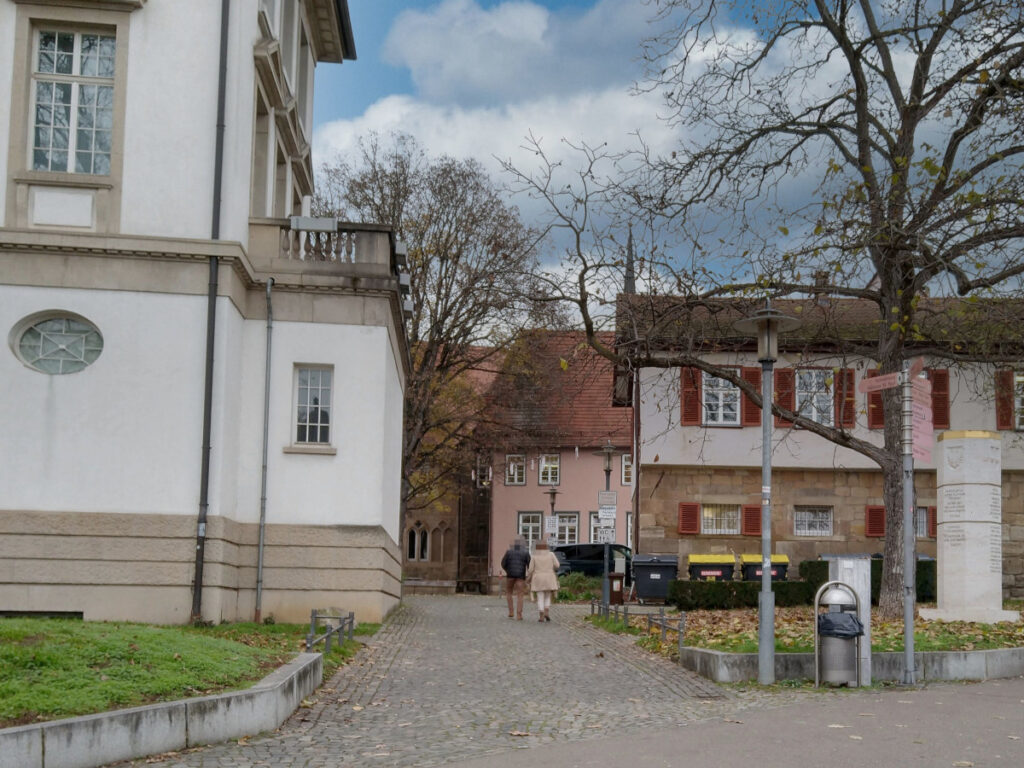 Fußgängerweg mit Kopfsteinpflaster zwischen zwei Häusern.