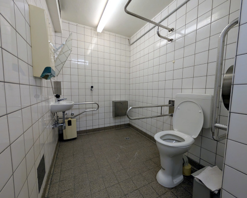 Panoramaansicht einer Behindertentoilette mit einem WC auf der rechten Seite und einem Waschbecken weiter hinten im Raum.