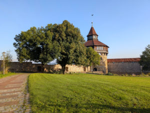 Burghof mit rechteckiger Wiese, umgeben von mittelalterlichen Mauern und einem umlaufenden Fußweg; in der Ecke ein runder Turm mit steinernem Sockel und hölzernem Aufbau.