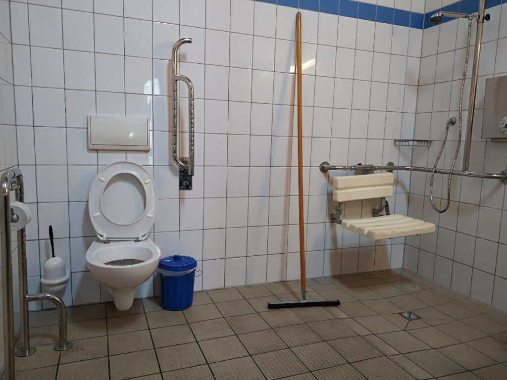 Links ein WC mit Klappgriff rechts. Rechts im Raum eine stufenlos zugängliche Dusche mit Sitz.